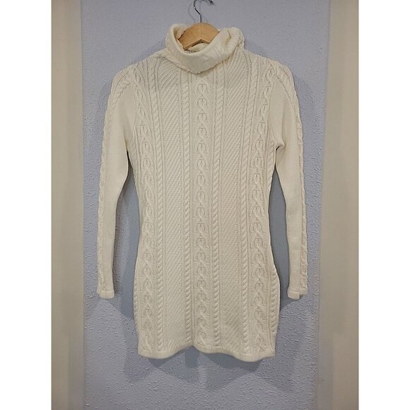 Chunky Cable Knit Cream Turtleneck Sweater Dress Medium Fisherman Core - Picture 1 of 7